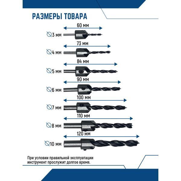 НАБОР СВЕРЛ ПО ДЕРЕВУ С ЗЕНКЕРОМ (7 шт; 3, 4, 5, 6, 7, 8, 10 мм) (1/ 25/ 50)